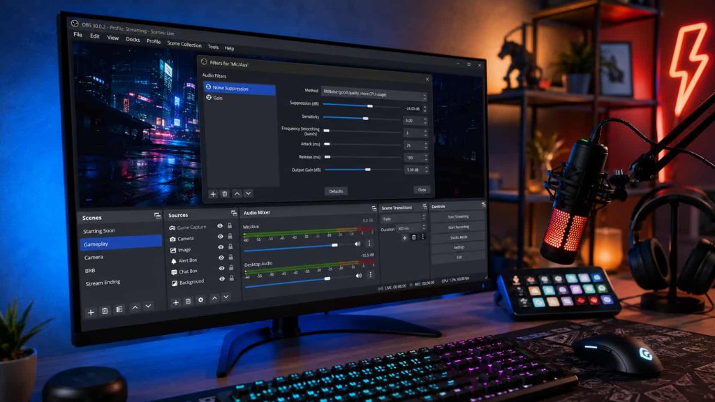 Mikrofon hangerő és gain beállítása OBS szoftverben streameléshez