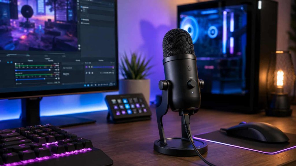 USB-s gamer mikrofon asztali állványon, streaming setup közben