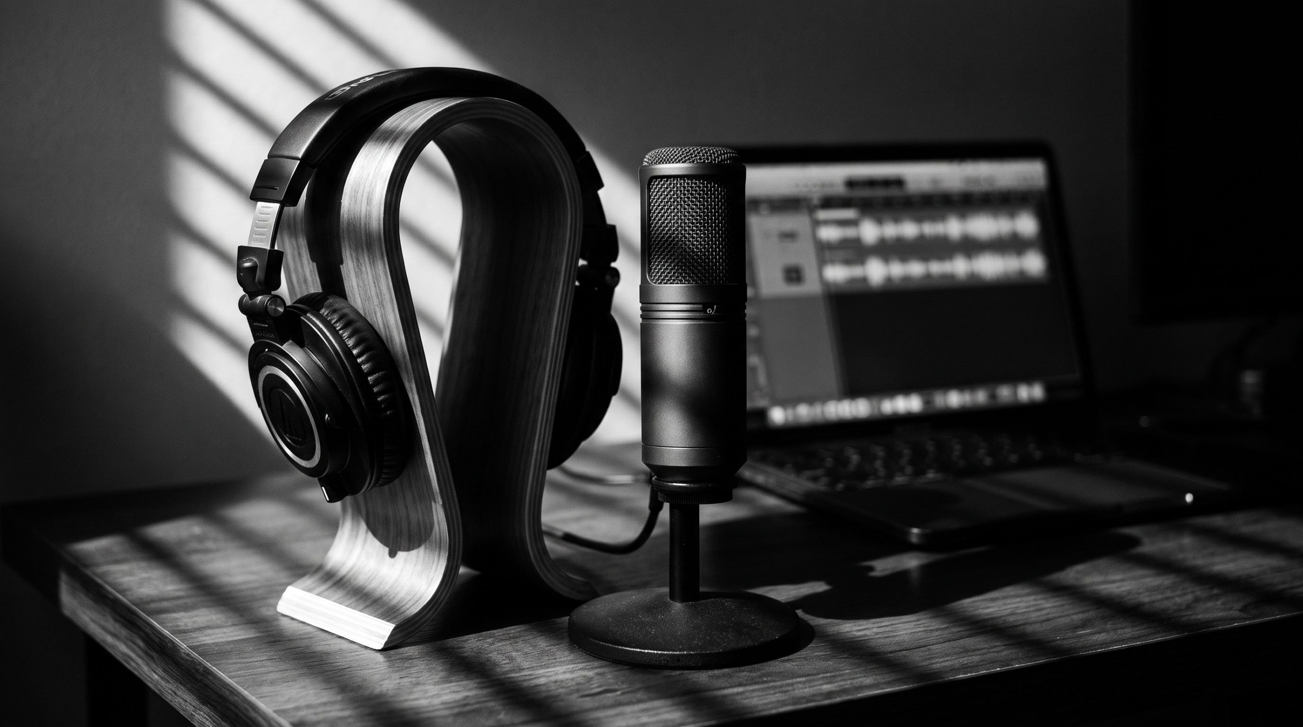 Fejhallgató és podcast mikrofon egy íróasztalon, otthoni felvételi környezetben