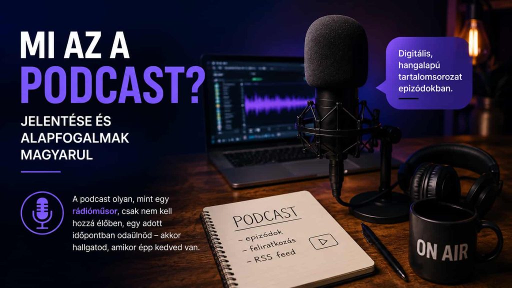 Egyszerű illusztráció, amely bemutatja, mi az a podcast és hogyan hallgatható