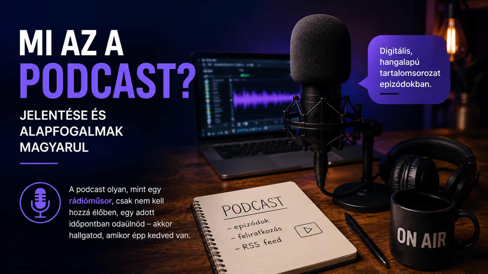 Egyszerű illusztráció, amely bemutatja, mi az a podcast és hogyan hallgatható