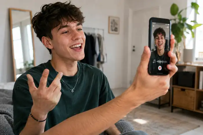 Fiatal fiú telefonnal videót vesz fel, a kijelzőn hangfelvétel ikon látható