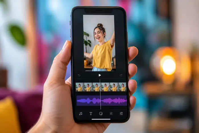 Kéz telefont tart, TikTok videó szerkesztése hanghullám-sávval