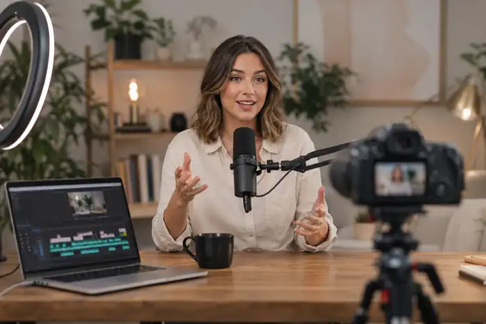 Nő videopodcastot készít otthoni stúdióban, ring light-tal, mikrofonnal és kamerával