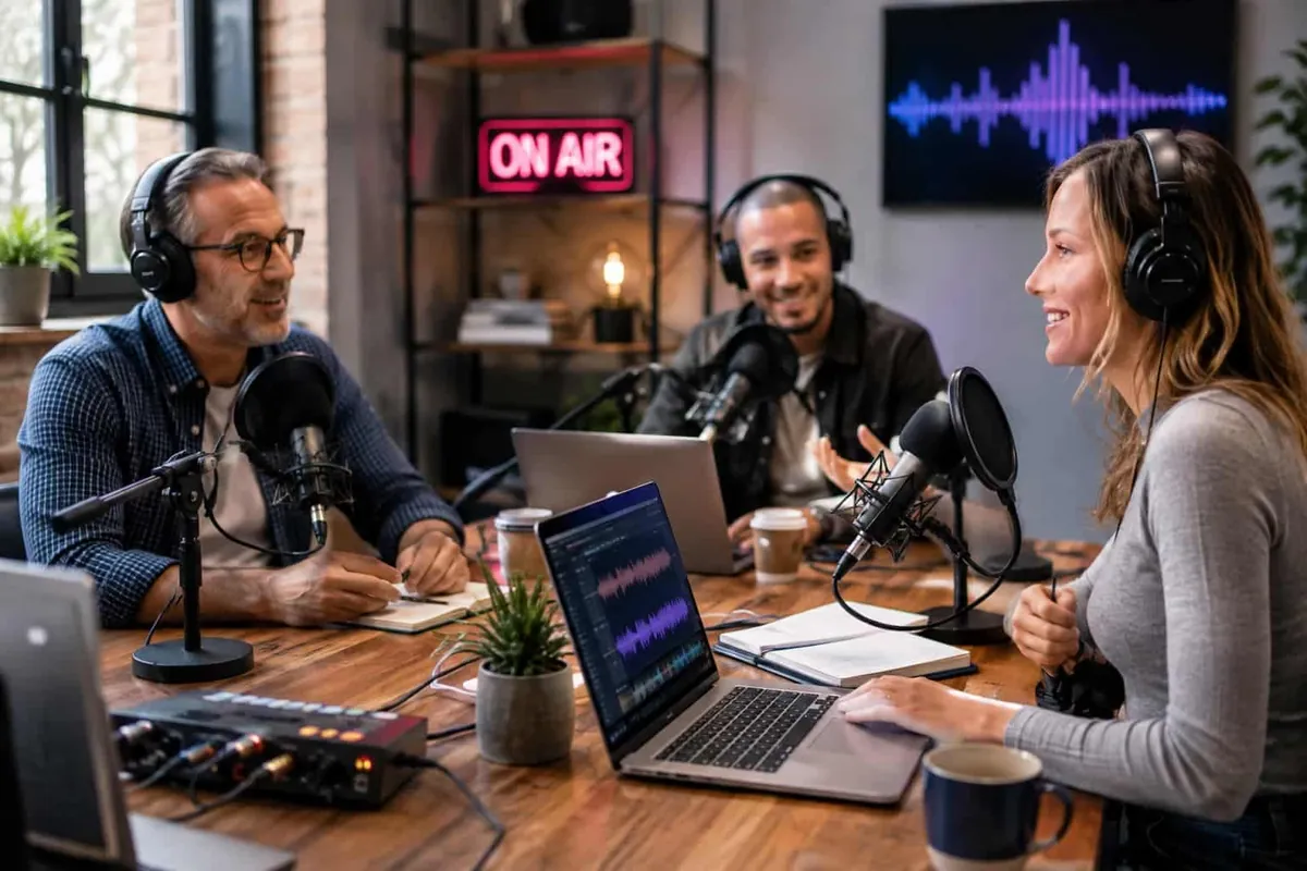 Három ember podcast felvétele közben egy stúdióasztalnál